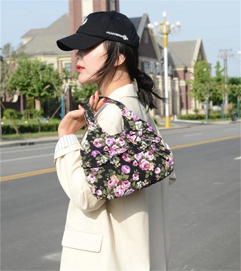 Retro Women Canvas Handbag Bow Shoulder Bag Female Flower Printed Fashion Small Canvas Bag Mobile Phone Bag Coin Purse Mini Bag