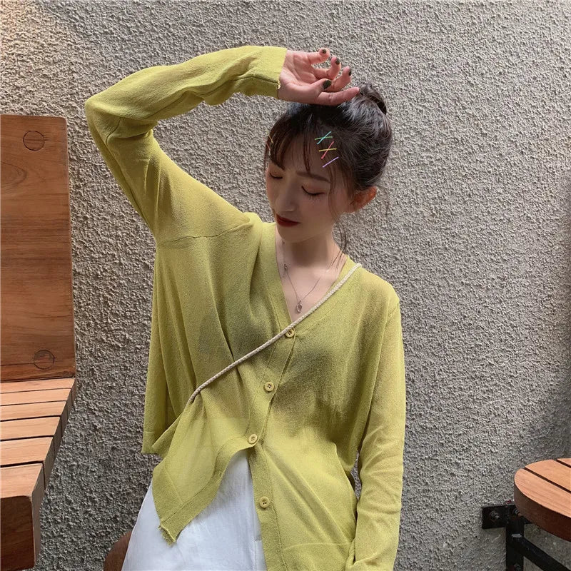 Cardigan Shirt Women Tops Korean Long Sleeve Cardigan Summer Tops V Neck Thin Knitted Sunscreen Shirt Sweater Blusas Mujer E600