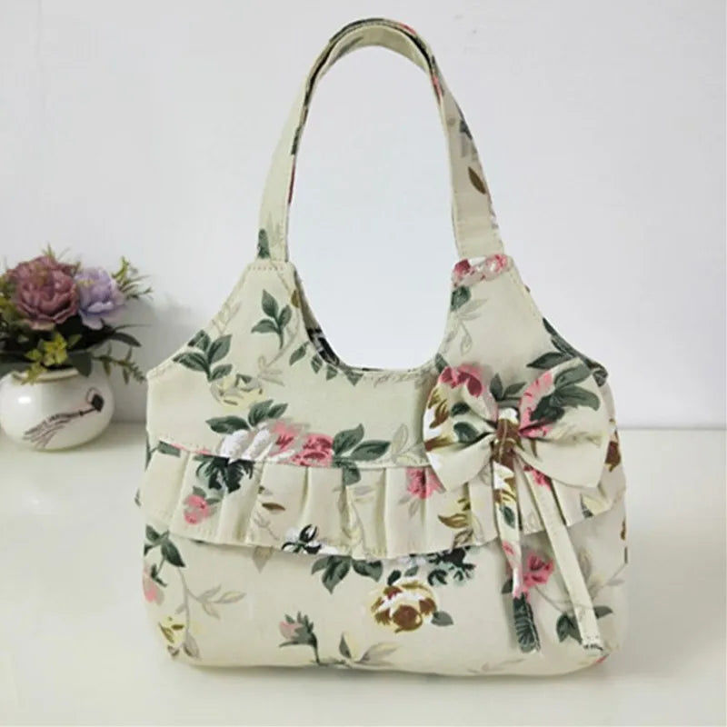 Retro Women Canvas Handbag Bow Shoulder Bag Female Flower Printed Fashion Small Canvas Bag Mobile Phone Bag Coin Purse Mini Bag