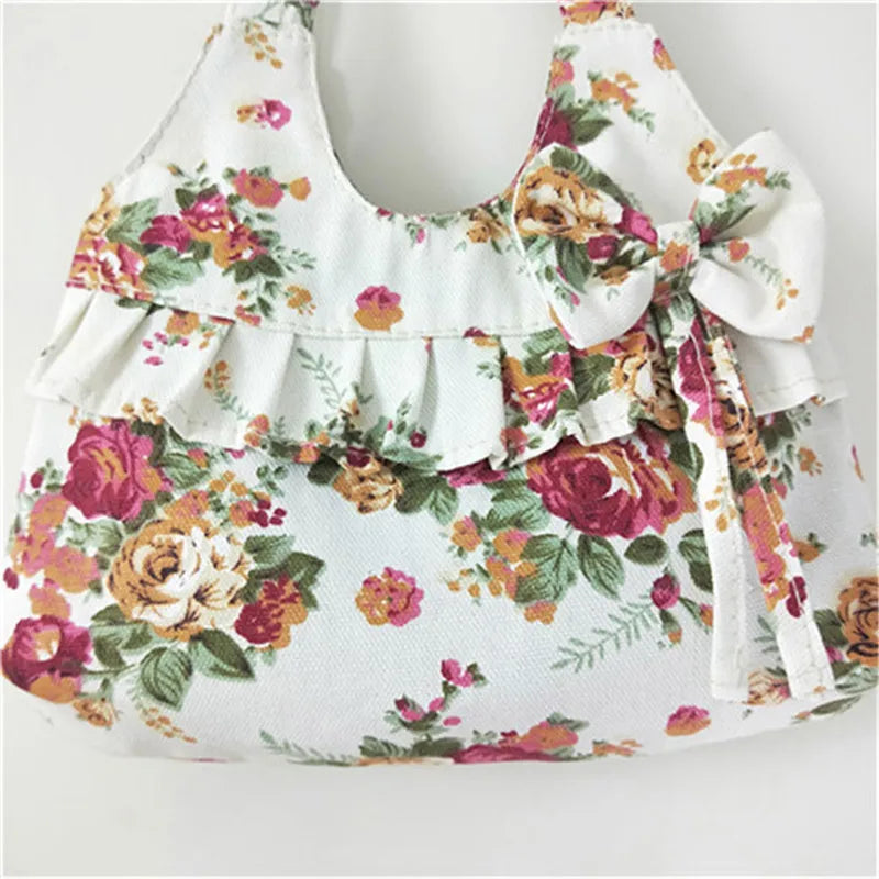 Retro Women Canvas Handbag Bow Shoulder Bag Female Flower Printed Fashion Small Canvas Bag Mobile Phone Bag Coin Purse Mini Bag