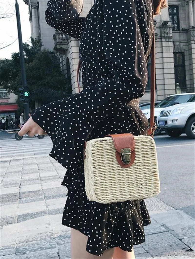 Hand-woven Women Straw Bag Ladies Shoulder Bags Beach Travel Crossbody Bag Female Small Rattan Box Handbag Shopper Totes Bohemia