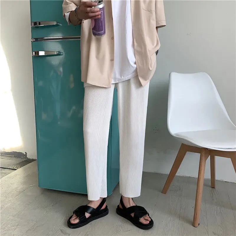 Pleated Pants Men Summer Straight Casual Pants Men Japanese Streetwear Loose Ice Silk Pants Mens Wide Leg Pants Man Trousers