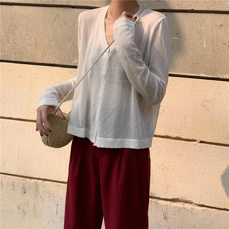 Cardigan Shirt Women Tops Korean Long Sleeve Cardigan Summer Tops V Neck Thin Knitted Sunscreen Shirt Sweater Blusas Mujer E600