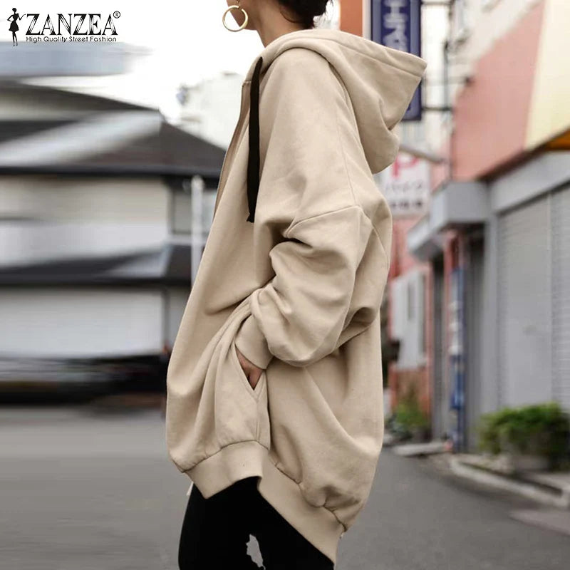 ZANZEA Long Sleeve Korean Style Sweatshirts Hooded Oversize Street Fashion Loose Casual Hoodies Autumn Drawstring Women Outwears