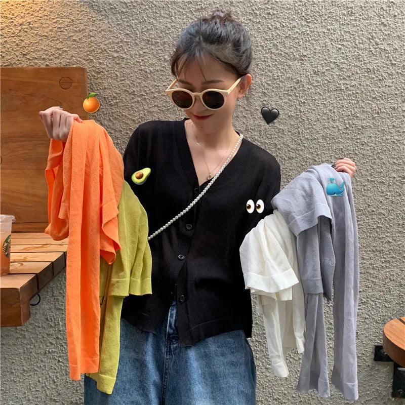 Cardigan Shirt Women Tops Korean Long Sleeve Cardigan Summer Tops V Neck Thin Knitted Sunscreen Shirt Sweater Blusas Mujer E600