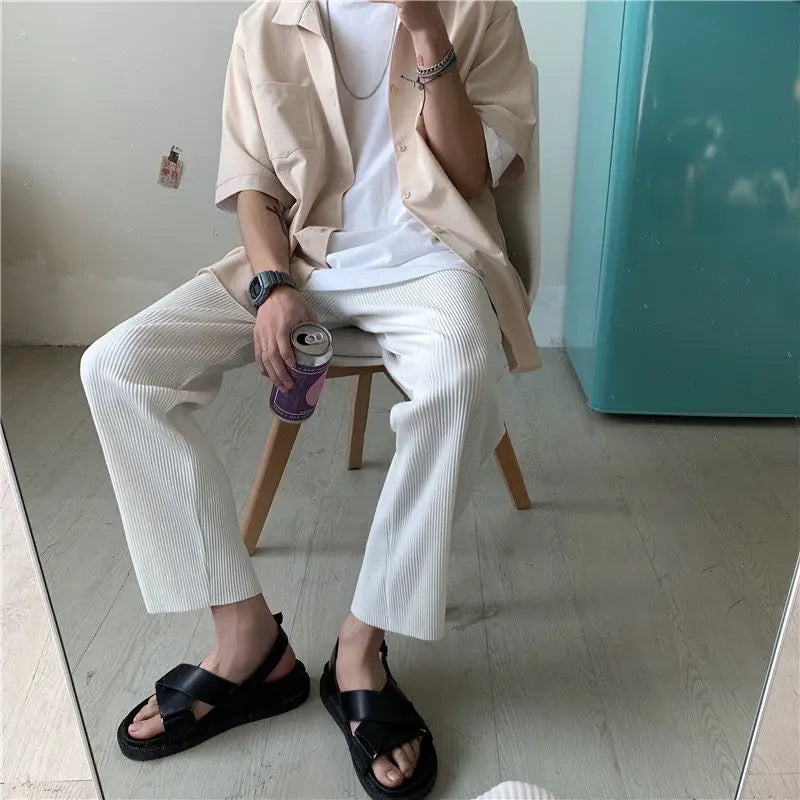 Pleated Pants Men Summer Straight Casual Pants Men Japanese Streetwear Loose Ice Silk Pants Mens Wide Leg Pants Man Trousers