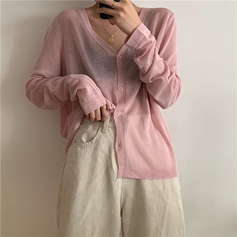 Cardigan Shirt Women Tops Korean Long Sleeve Cardigan Summer Tops V Neck Thin Knitted Sunscreen Shirt Sweater Blusas Mujer E600