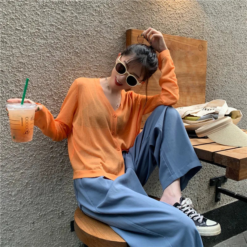 Cardigan Shirt Women Tops Korean Long Sleeve Cardigan Summer Tops V Neck Thin Knitted Sunscreen Shirt Sweater Blusas Mujer E600