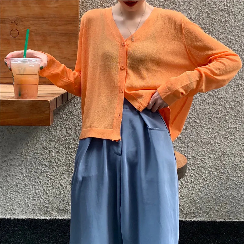 Cardigan Shirt Women Tops Korean Long Sleeve Cardigan Summer Tops V Neck Thin Knitted Sunscreen Shirt Sweater Blusas Mujer E600