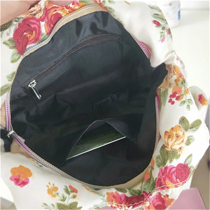 Retro Women Canvas Handbag Bow Shoulder Bag Female Flower Printed Fashion Small Canvas Bag Mobile Phone Bag Coin Purse Mini Bag