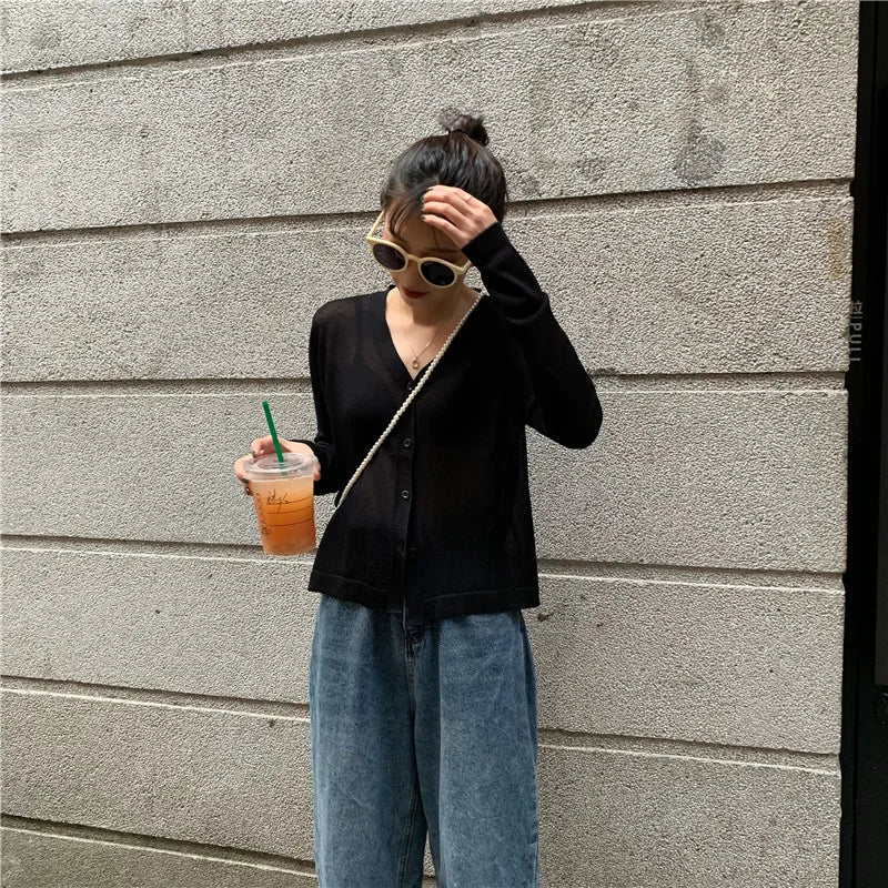 Cardigan Shirt Women Tops Korean Long Sleeve Cardigan Summer Tops V Neck Thin Knitted Sunscreen Shirt Sweater Blusas Mujer E600