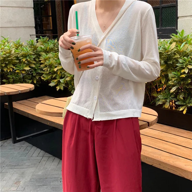 Cardigan Shirt Women Tops Korean Long Sleeve Cardigan Summer Tops V Neck Thin Knitted Sunscreen Shirt Sweater Blusas Mujer E600