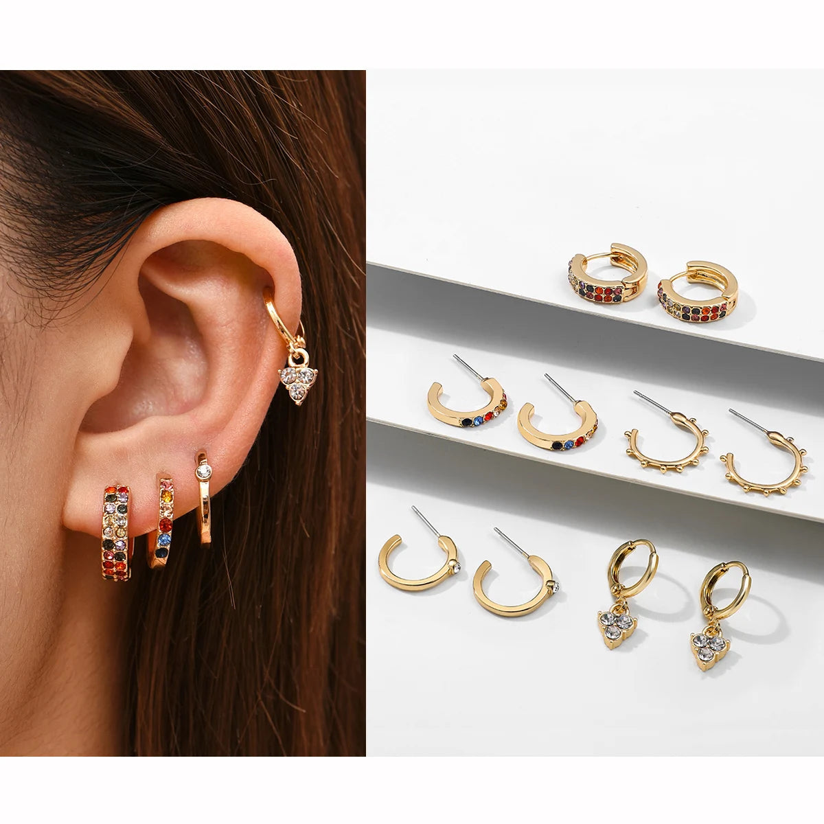 Punk Rock Helix Fake Cartilage Ear Cuff with Long Chain Circle Hoop Earrings Set for Women Tiny Piercing Huggie Earring Jewelry