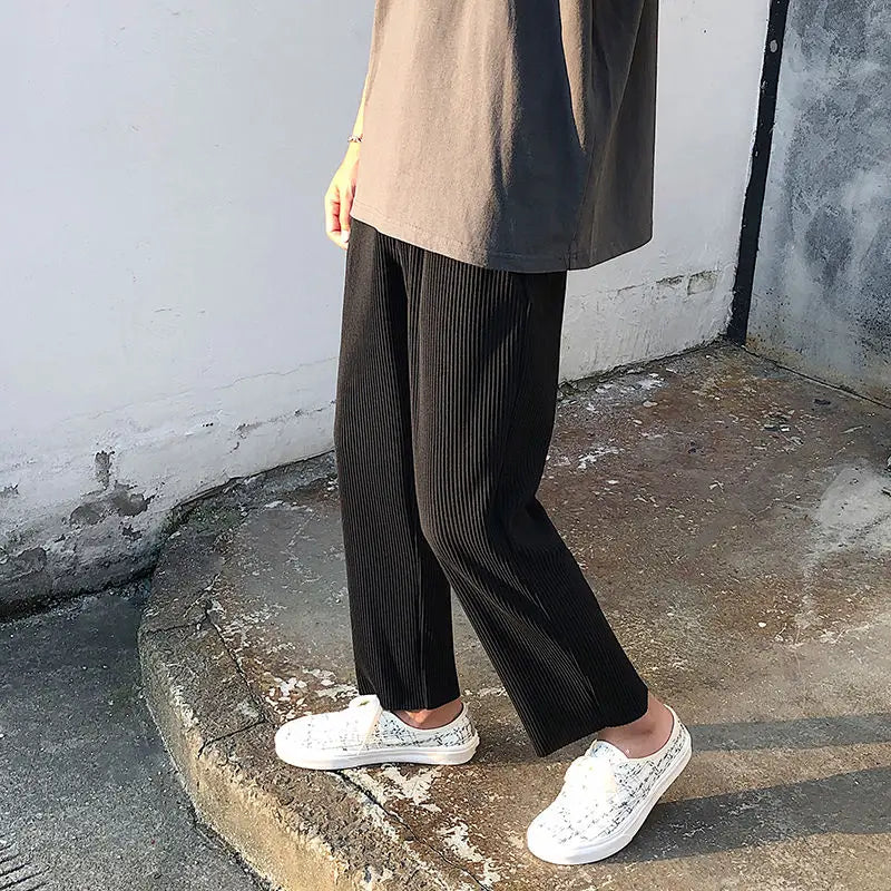 Pleated Pants Men Summer Straight Casual Pants Men Japanese Streetwear Loose Ice Silk Pants Mens Wide Leg Pants Man Trousers