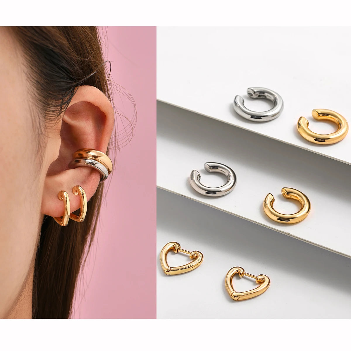 Punk Rock Helix Fake Cartilage Ear Cuff with Long Chain Circle Hoop Earrings Set for Women Tiny Piercing Huggie Earring Jewelry