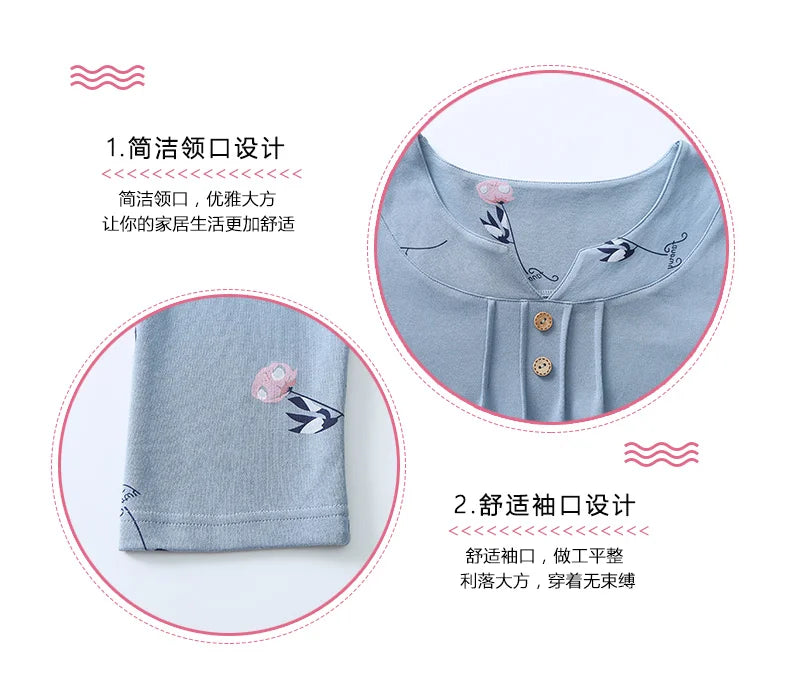 Big yards M-4XL v-neck long sleeve pajamas set for women floral print nightwear autumn cotton sleepwear nightie female pyjama