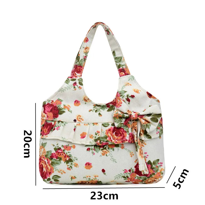 Retro Women Canvas Handbag Bow Shoulder Bag Female Flower Printed Fashion Small Canvas Bag Mobile Phone Bag Coin Purse Mini Bag