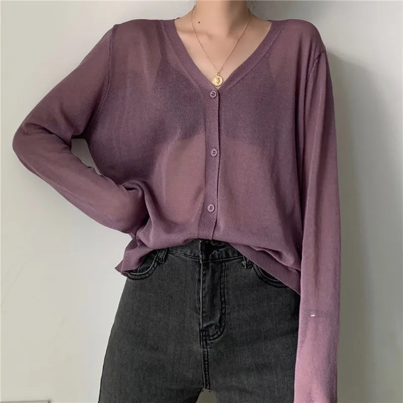 Cardigan Shirt Women Tops Korean Long Sleeve Cardigan Summer Tops V Neck Thin Knitted Sunscreen Shirt Sweater Blusas Mujer E600