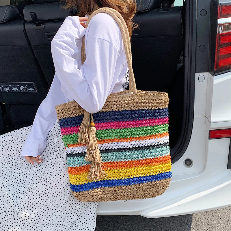 Shopping bag female 2020 new large capacity tassel tote bag shoulder crossbody ins fashion woven handbag