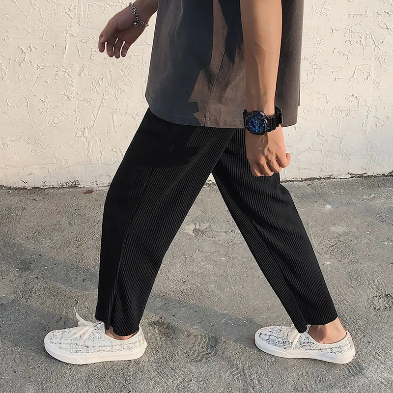 Pleated Pants Men Summer Straight Casual Pants Men Japanese Streetwear Loose Ice Silk Pants Mens Wide Leg Pants Man Trousers