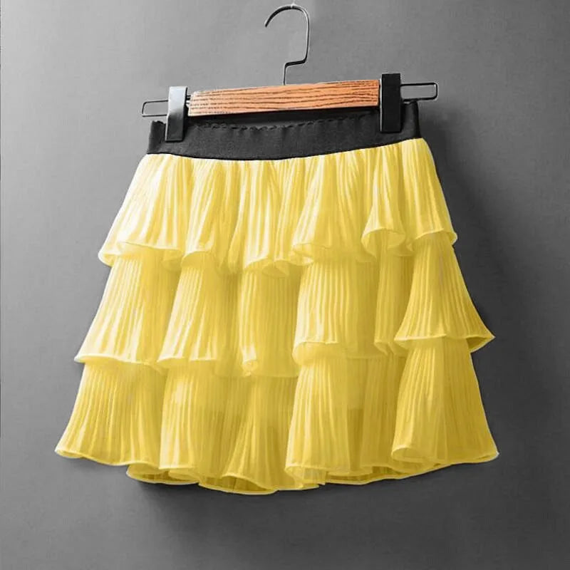 Summer Women Elasticity Waist Mini Skirt Ladies Chiffon Skirt Ladies Casual Cake Skirts Black White Femme Pleated Skirts
