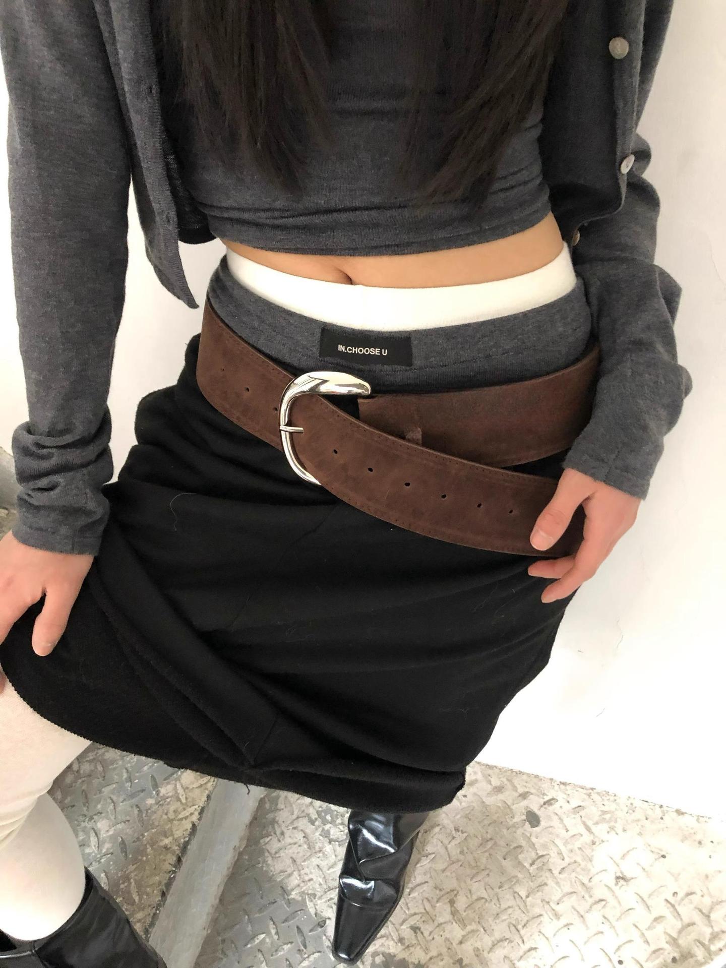 Wide Belt Niche Retro Y2g Hot Girl Suede Frosted Wide-brimmed Belt Silver Buckle