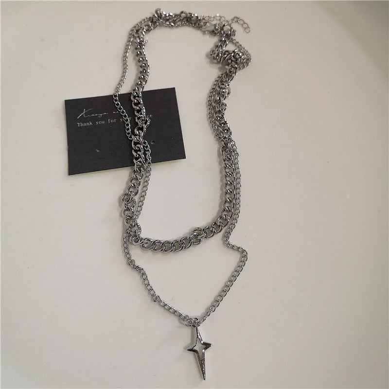 Punk Rock Black Heart Cross Pendant Chain Necklace For Men Women Cool Hip Hop Street Vintage 90s Y2K Grunge Goth Accessories