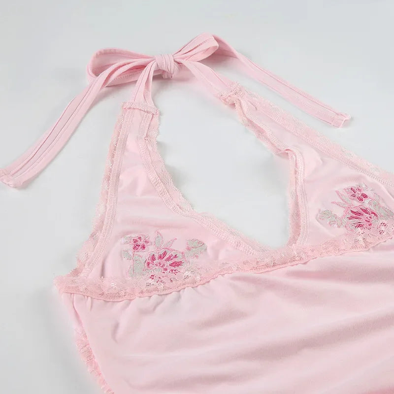 Pink Floral Embroidery Bow Lace Trim Halter Top Pink Vacation Cute Fashion Y2k Crop Tops for Woman Summer 2025