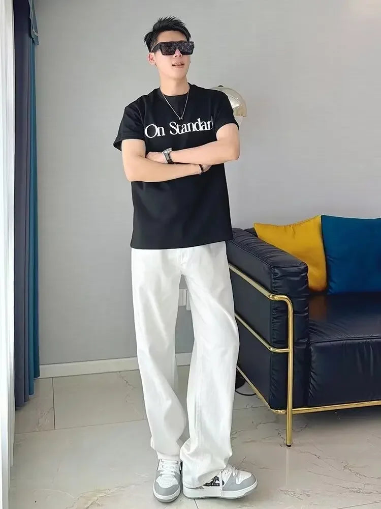 Hong Kong Style White Jeans For Men Casual Loose Fit Trendy Brand Vibe High Street Straight Leg Pants Autumn Season