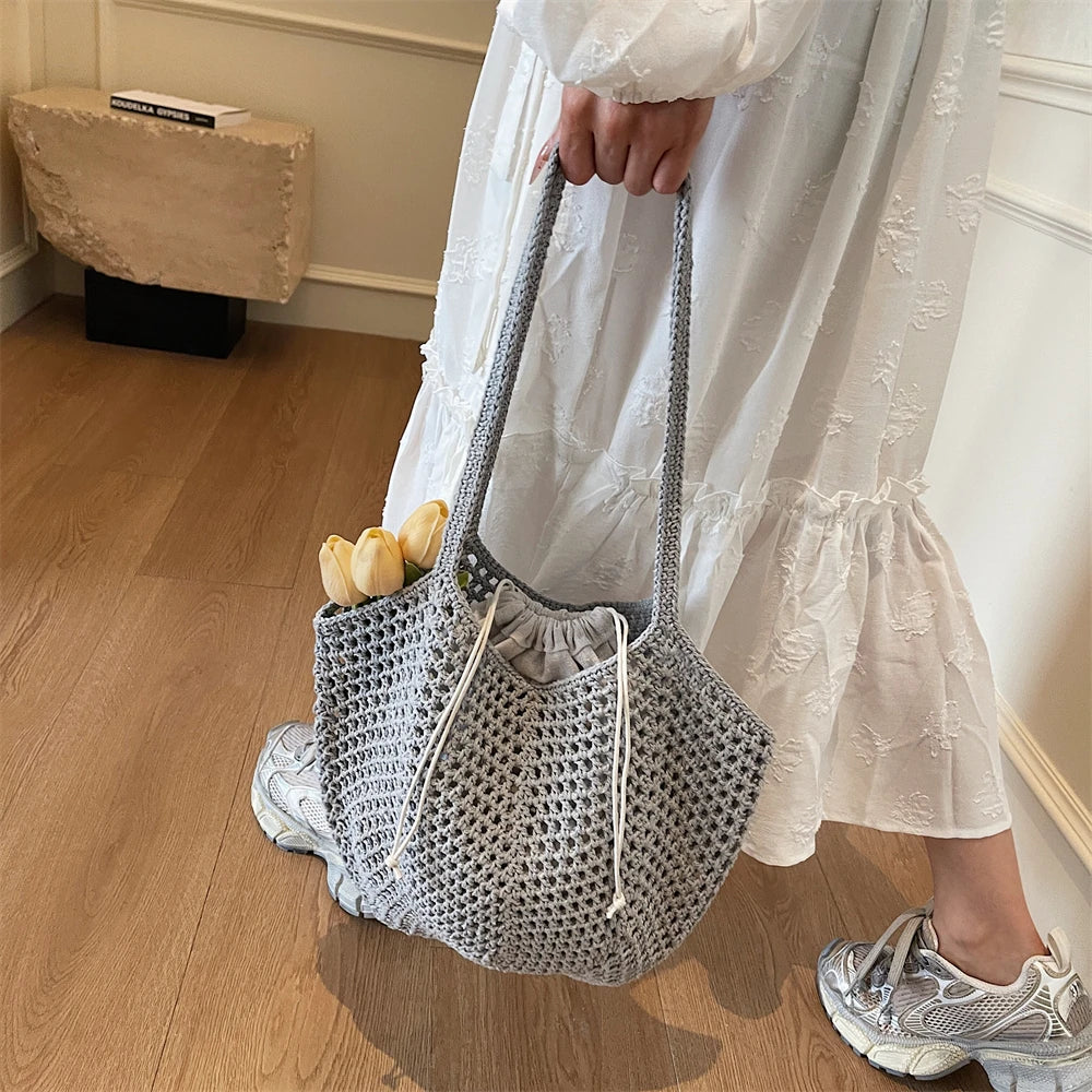 2025 Latest Summer Beach Straw Woven Tote Bag For Women 2-IN-1 Hollow-out Lightweight Large Capacity Shopper Shoulder Bag Female
