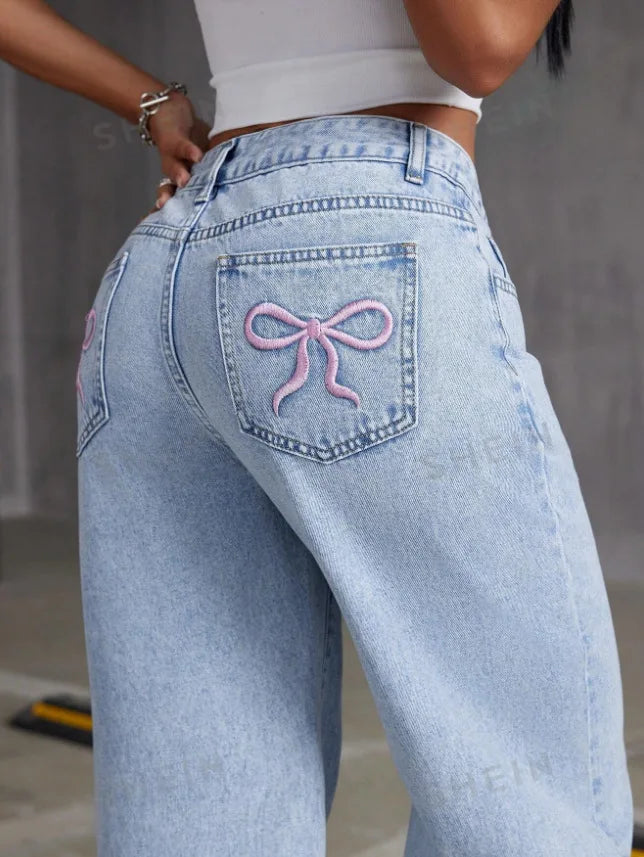 Women Wide Leg Boyfriend Jeans Straight Hip Hop Bow Embroidery Denim Pants Low Waist Baggy Jeans Casual Loose Jeans Streetwear