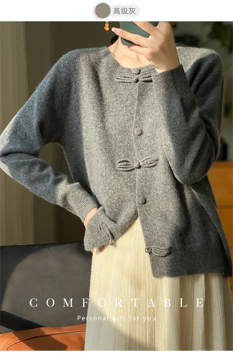 Women New Fashion Autumn Winter 100% Merino Wool Sweater O-neck Chinese Style Buckle Cardigan Soft Knitwear Female Clothing Tops