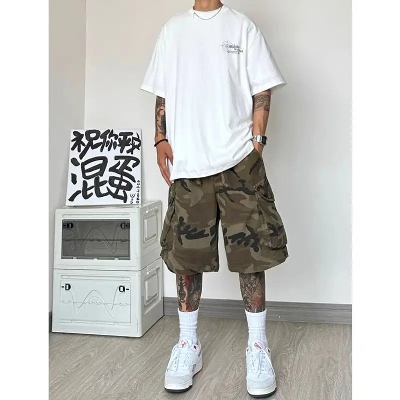 New summer men's shorts retro loose large pockets camouflage work shorts Bermuda hip-hop street casual shorts Men's clothing