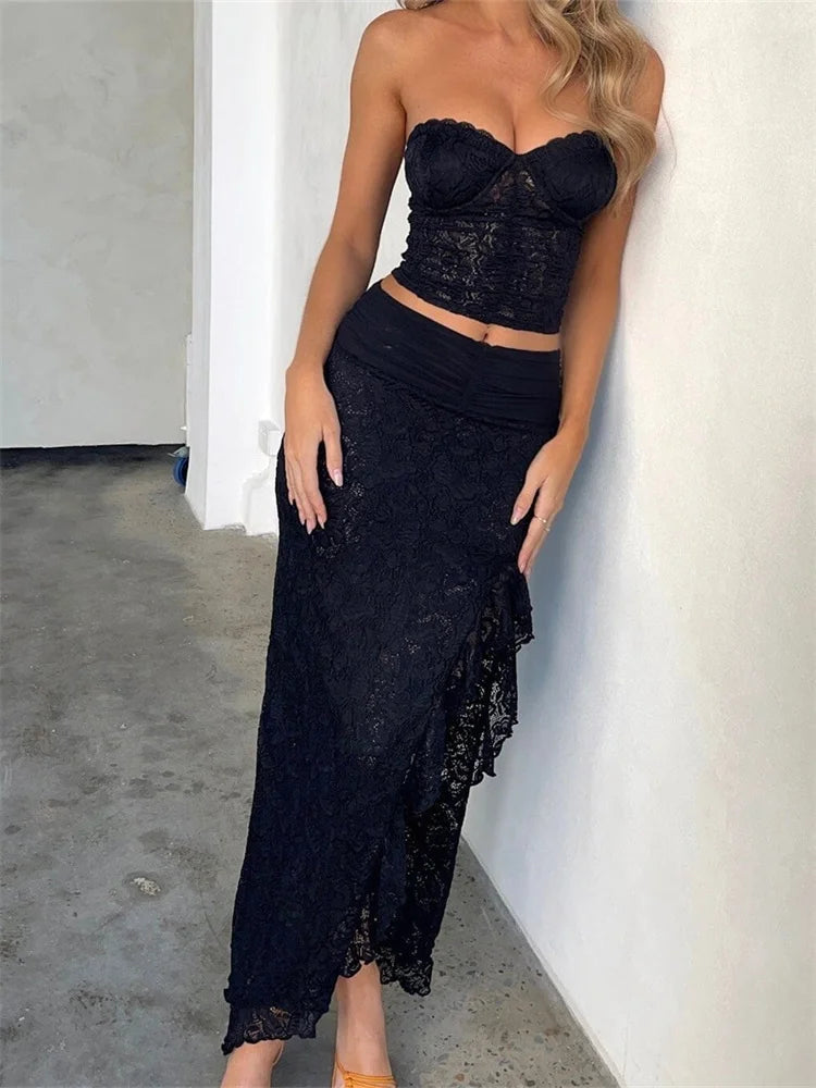 CHRONSTYLE Lace Floral 2pcs Set for Women Beach Summer Clubwear Strapless Bustiers Crop Tops Ruched High Split Long Skirts 2023