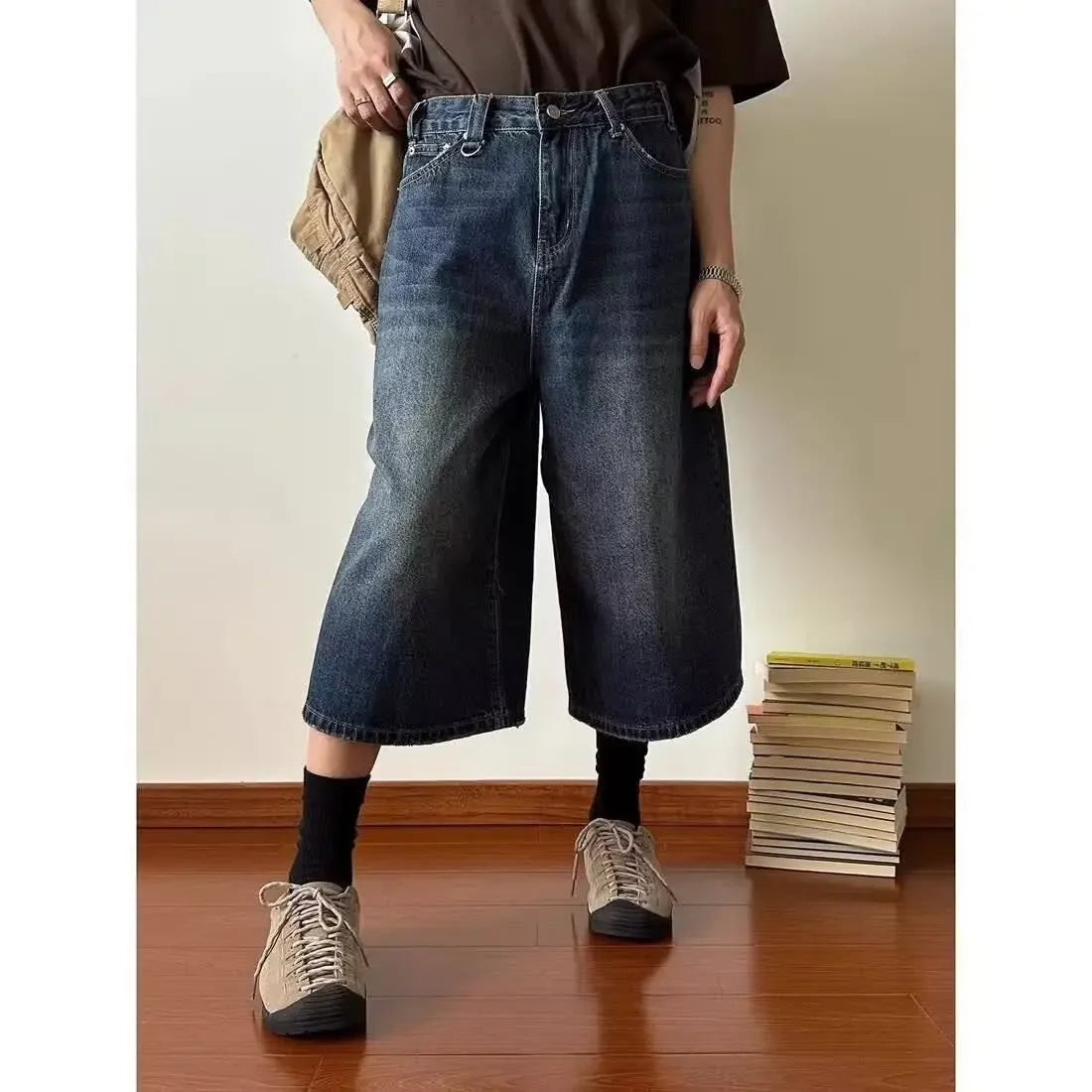 Retro Hong Kong Style Men's Loose Wide Leg Jeans Shorts Hip Hop Style Summer New Slimming Seven-Point Pants Trendy Casual Shorts