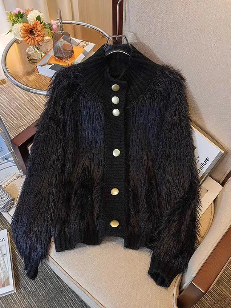 2025 Women Fur Faux Knitted Cardigan Sweater Jacket Korean Style Womens Sweaters Autumn Women's Clothes Knitwear V Neck Knit