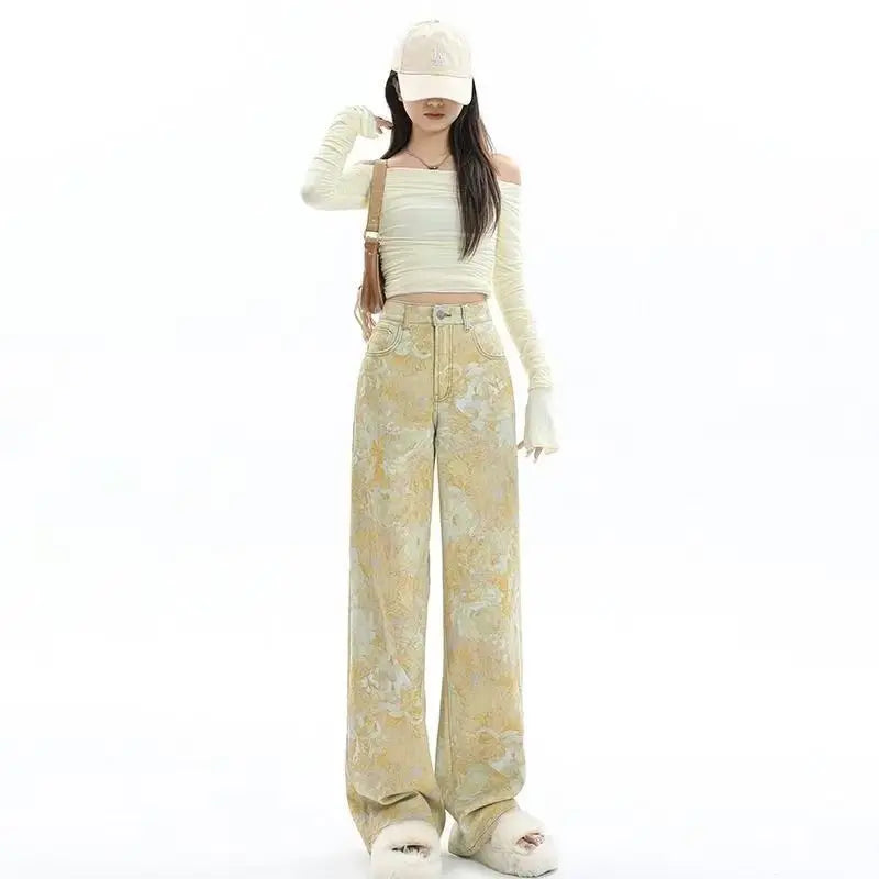 New High Waist 2025 American Retro Plant Flower Print Ladies Commuter Wide-leg Jeans Youthful and Beautiful Out of The Street