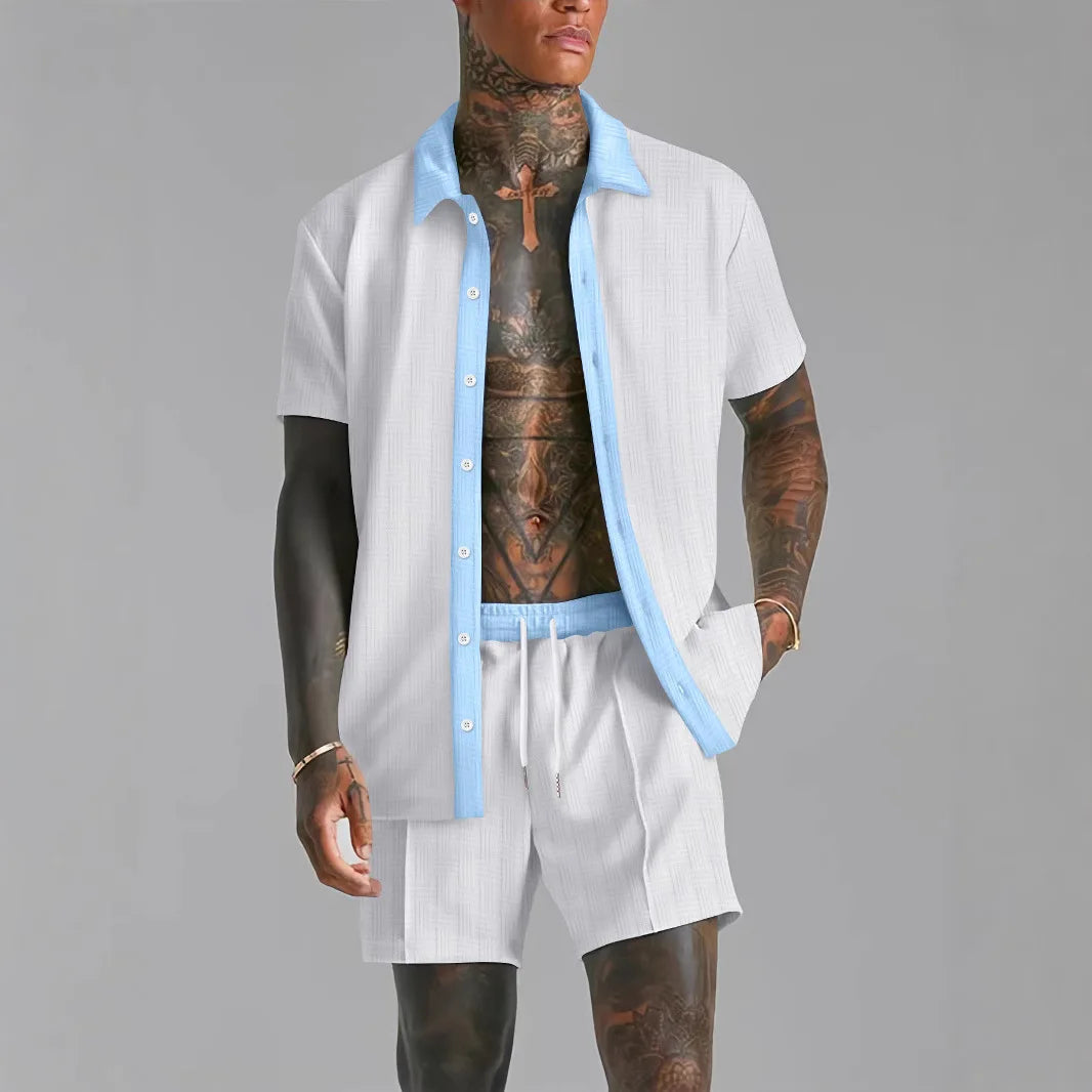 Summer Men's casual suit patchwork transparent lapel short-sleeved shirt & Shorts Stylish and comfortable two-piece streetwear
