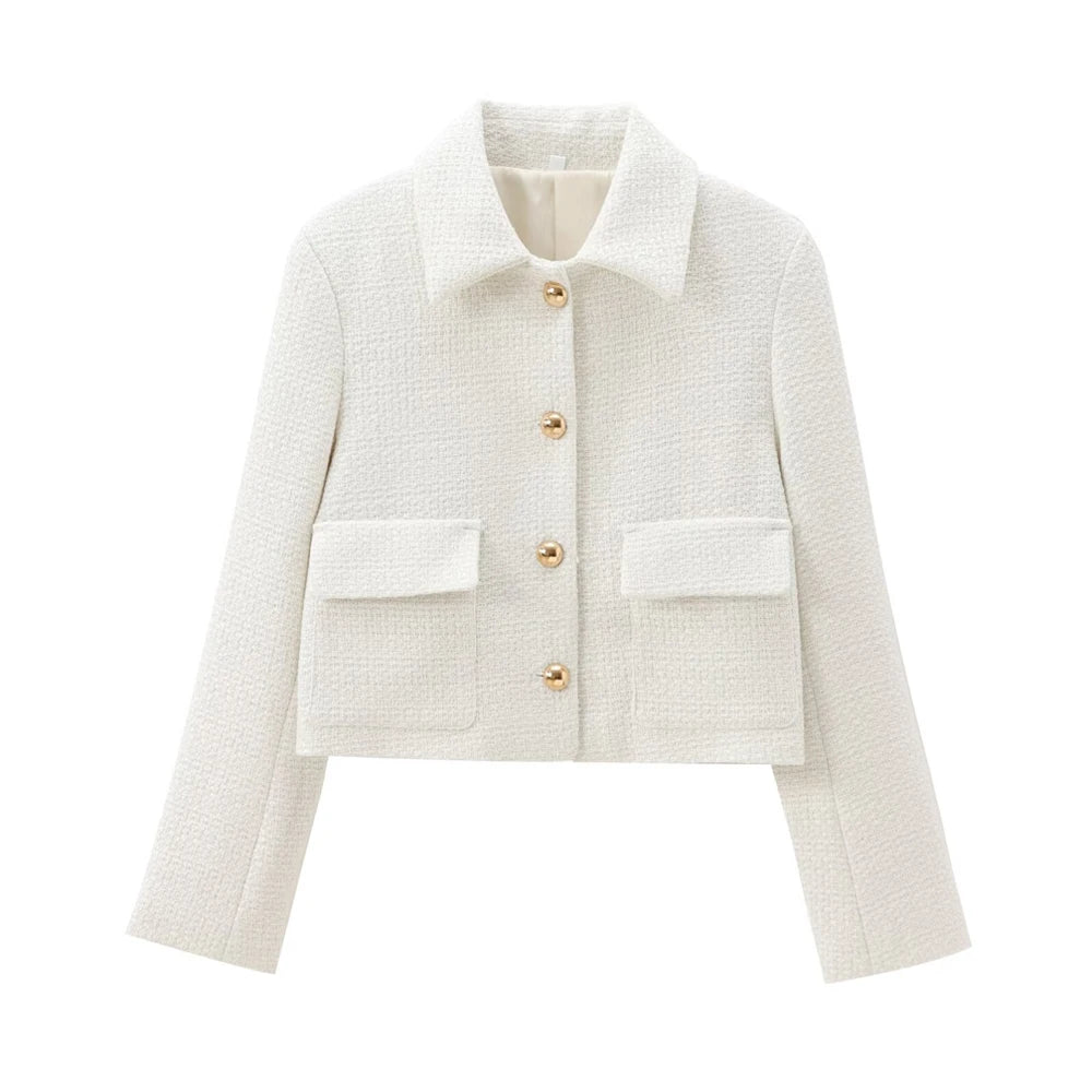 TRZA Women Fashion With Pockets Tweed Jacket Coat And High Waist Side Zipper Mini Skirt Female Two Piece Sets Mujer