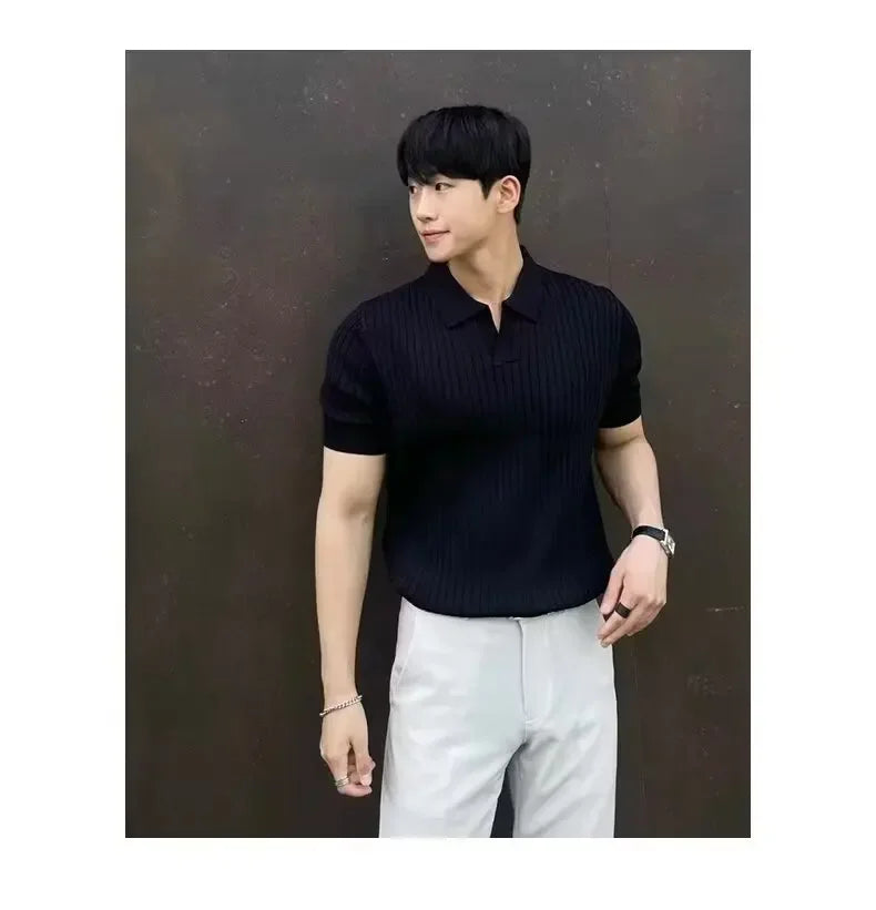 Summer New Light Maturity Knitted Polo Shirt Men's Korean Style Slim Fit Collar Pure Color Casual T-Shirt Cross-Border