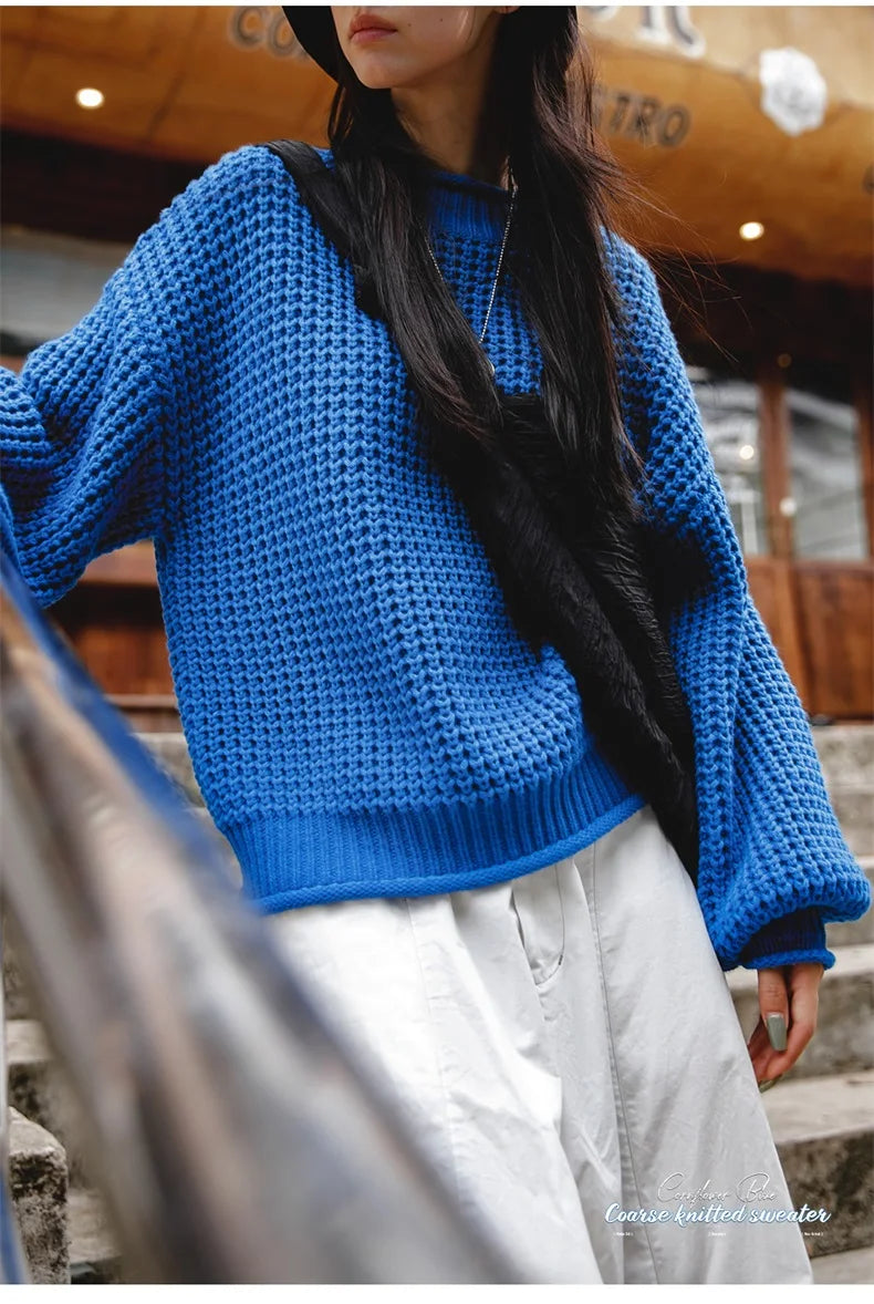 MADEN Women Cornflower Blue Knitted Sweater 2024 New Autumn Winter Long Sleeve Curled Collar Knitwear Warm Pullover Sweater