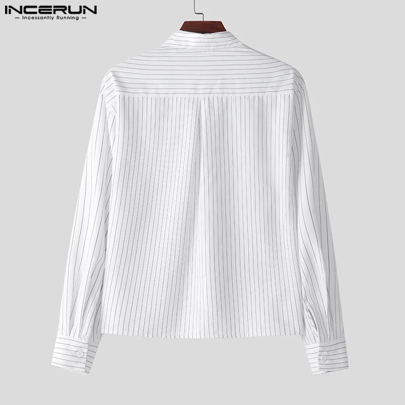 INCERUN Tops 2025 Korean Style Men's Casual Simple Striped Cropped Shirt Fashion Streetwear Male Hot Selling Long Sleeved Blouse