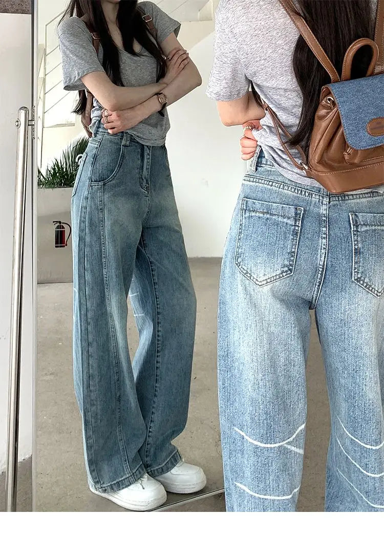 Vintage Baggy Jeans Womens' Loose-Fit Denim Pants Lightweight Bell Bottom Jean Retro Ladies' Denim Trousers Pockets Wide Pants