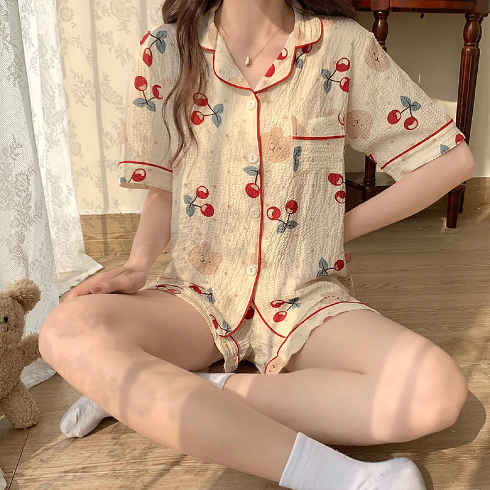 Women's Pajamas Sets Spring Summer 2 Piece Print Pyjama Buttons Down Sleepwear Pocket Short Sleeve Pijama Mujer Pjs Homewear