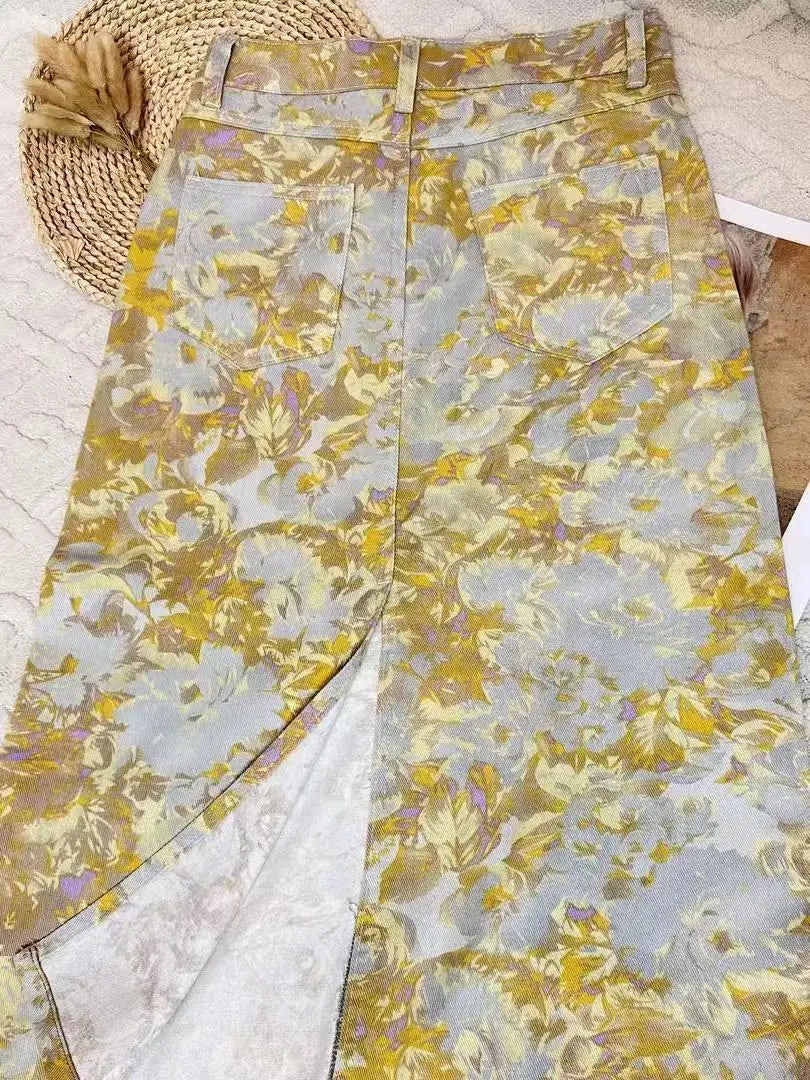 New High Waist 2025 American Retro Plant Flower Print Ladies Commuter Wide-leg Jeans Youthful and Beautiful Out of The Street