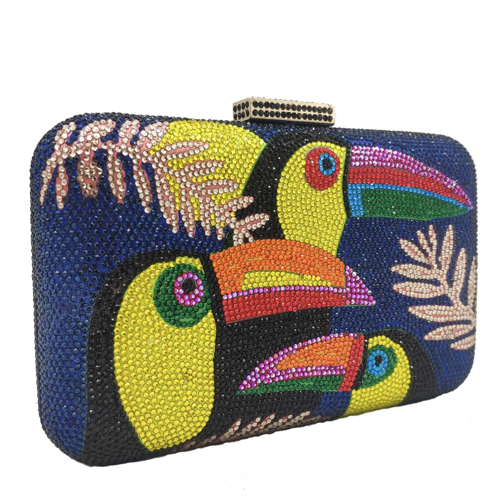 Novelty Toucan Bird Women Crystal Evening Bags Rhinestones Box Minaudiere Clutch Party Cocktail Handbag Diamond Chain Purse