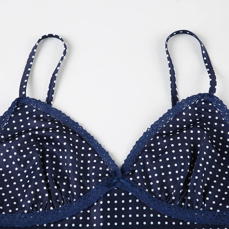 Darlingaga Fashion Polk Dot Printed Mini Camisole Women's Lace Patchwork Spaghetti Strap Summer Beach Cropped Tops Backless Y2K