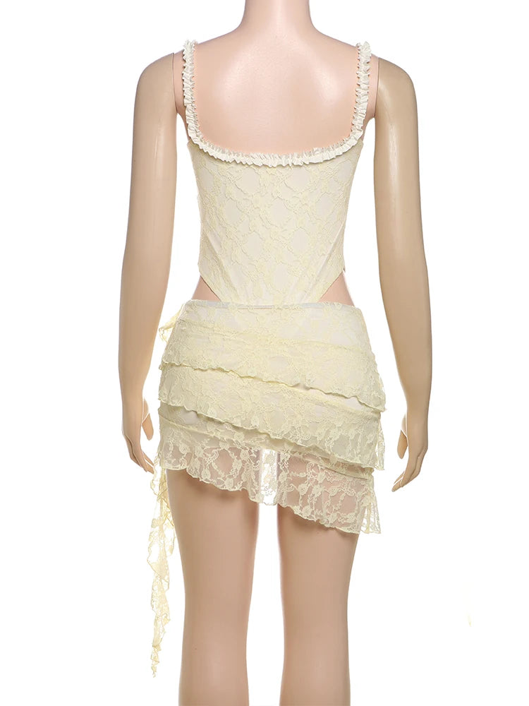 Weird Puss Jacquard Elegant 2 Piece Women Low-Neck Sleeveless Bodysuits+Ruched See Through Tassel Skirts Beach Party Trend Suits