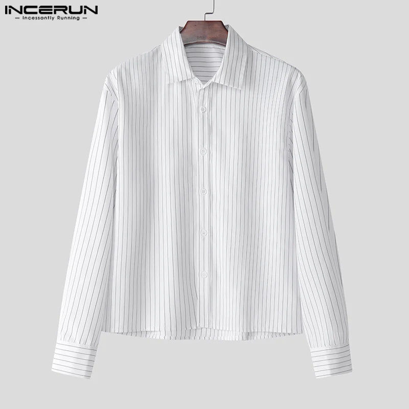 INCERUN Tops 2025 Korean Style Men's Casual Simple Striped Cropped Shirt Fashion Streetwear Male Hot Selling Long Sleeved Blouse