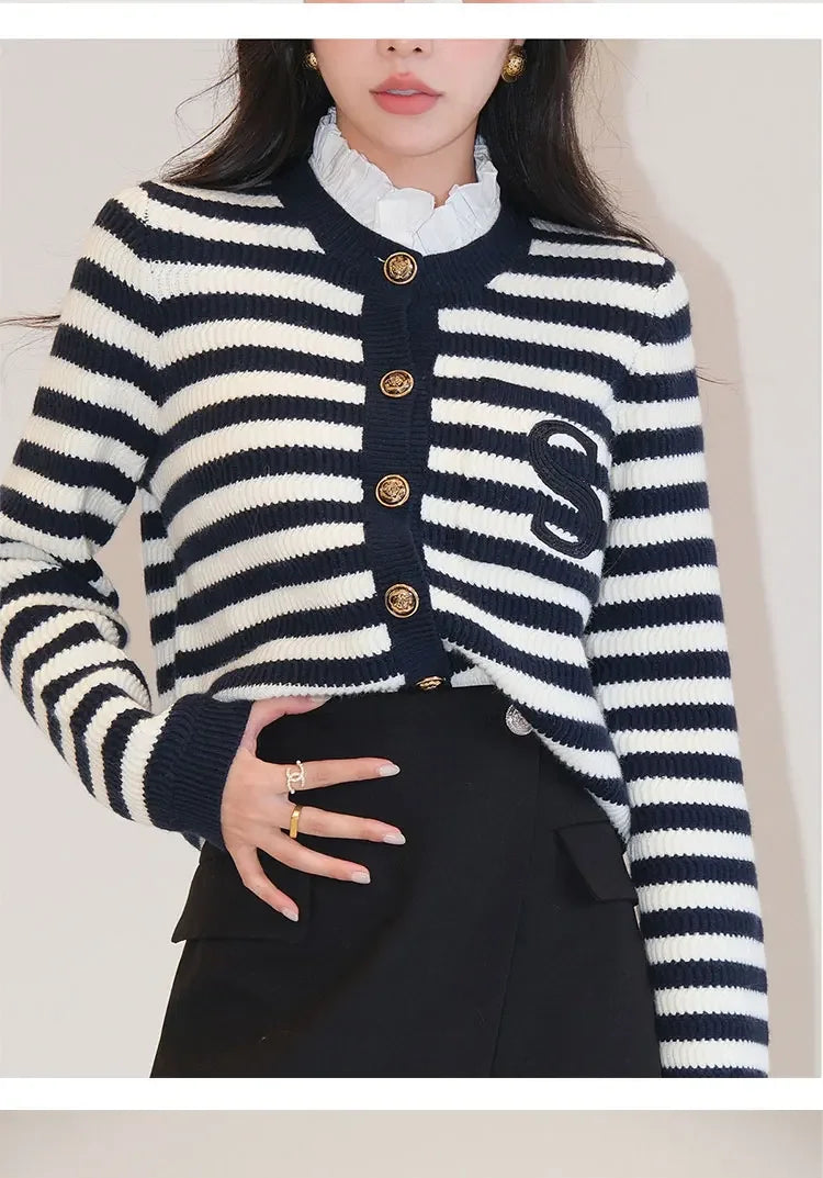 2024 Spring Classic S Letter Knit Cardigan Coat Women Stripe Sweater Ruffles Collar Tops Luxury Designer Brand Chic Y2K Clothing